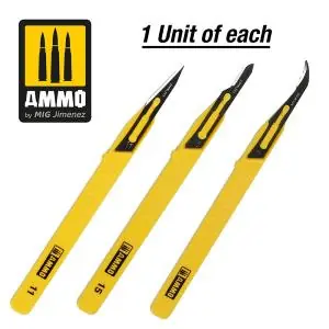 Ammo of Mig Mini Blade Set – 3 pcs. (1 Mini Blade Straight + 1 Mini Blade Curved + 1 Mini Blade Ripper) - 3 scalpels in plastic bag Professionale
