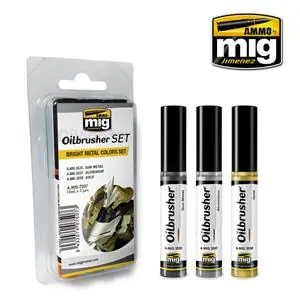 Must-Have AMMO OF MIG set di 3 OILBRUSHER per METALLO CHIARO (colore ad olio pre-diluito con pennello applicatore nel tappo)