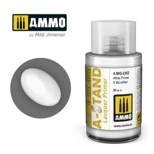 Acquista Ora AMMO of MIG A-STAND White Primer & Microfille - 30ml Enamel Paint for airbrush